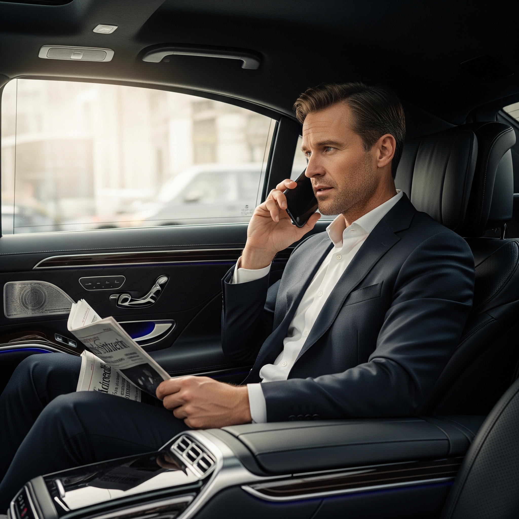Man Speaking on Phone Inside a Mercedes Benz S Class Limo in Chicago