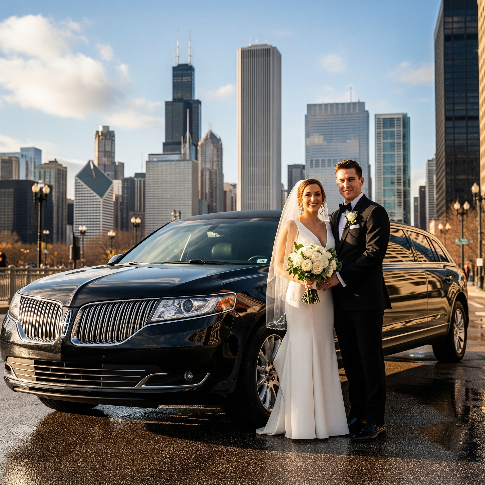 Newlywed Couple Standing in front of a Stretch Limo in Downtown Chicago